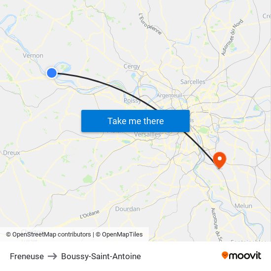 Freneuse to Boussy-Saint-Antoine map