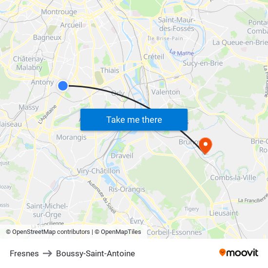 Fresnes to Boussy-Saint-Antoine map