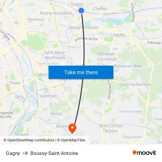 Gagny to Boussy-Saint-Antoine map