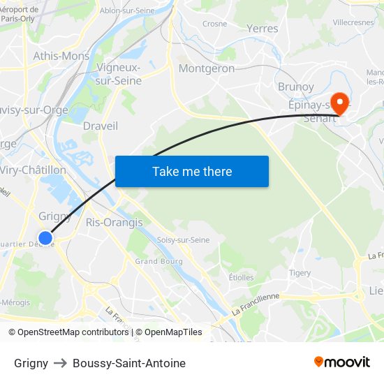 Grigny to Boussy-Saint-Antoine map