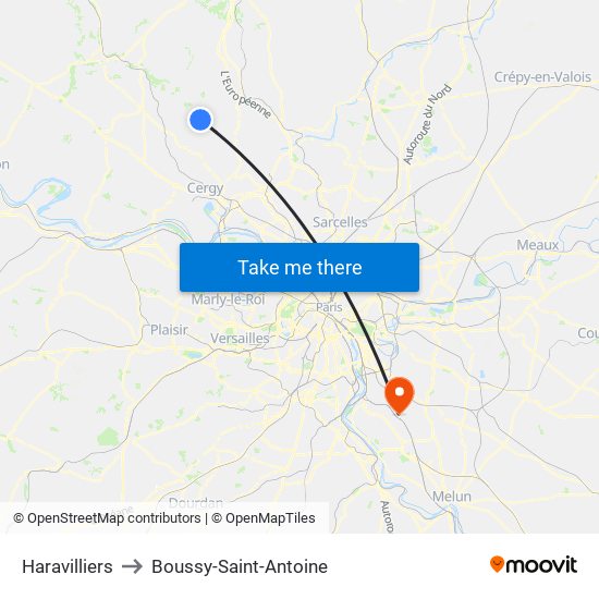 Haravilliers to Boussy-Saint-Antoine map