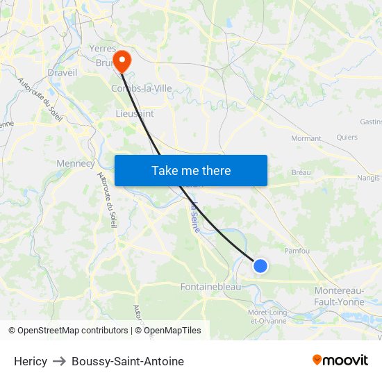 Hericy to Boussy-Saint-Antoine map