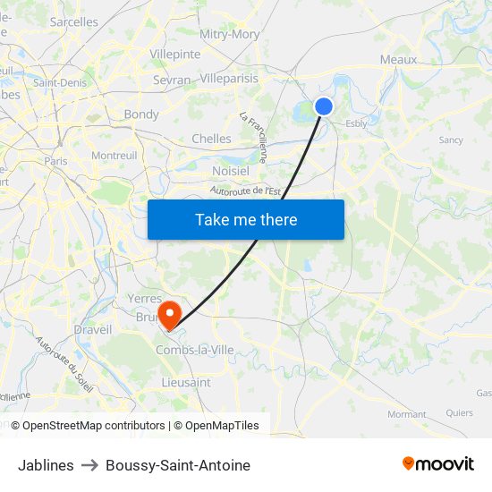 Jablines to Boussy-Saint-Antoine map