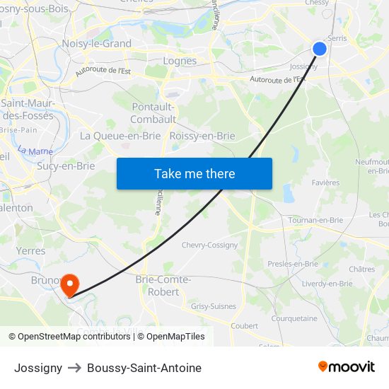 Jossigny to Boussy-Saint-Antoine map