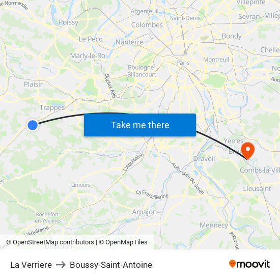 La Verriere to Boussy-Saint-Antoine map