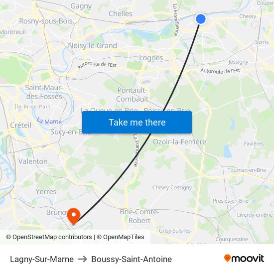 Lagny-Sur-Marne to Boussy-Saint-Antoine map
