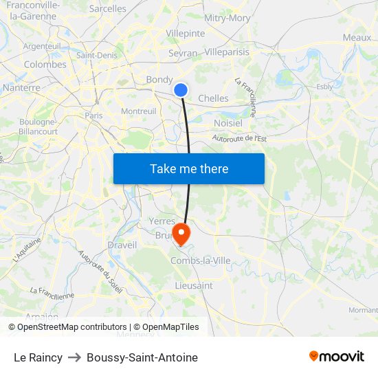 Le Raincy to Boussy-Saint-Antoine map