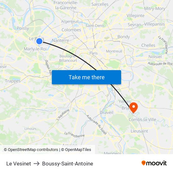 Le Vesinet to Boussy-Saint-Antoine map
