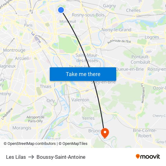 Les Lilas to Boussy-Saint-Antoine map