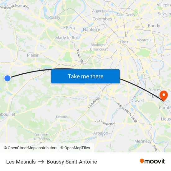 Les Mesnuls to Boussy-Saint-Antoine map