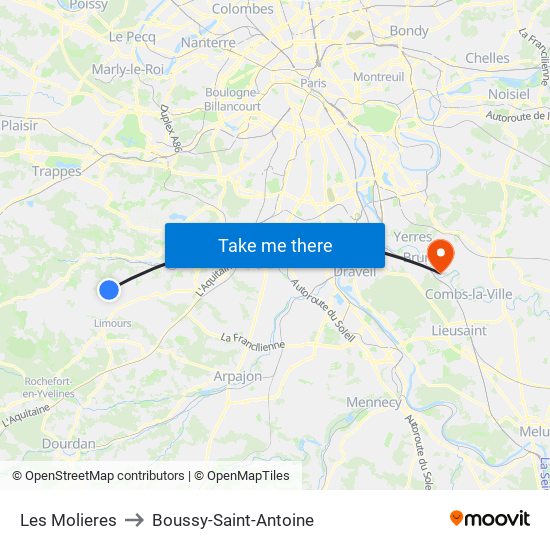 Les Molieres to Boussy-Saint-Antoine map