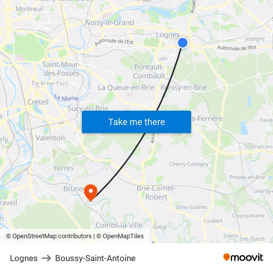 Lognes to Boussy-Saint-Antoine map