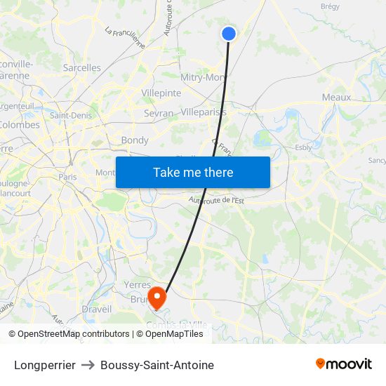 Longperrier to Boussy-Saint-Antoine map