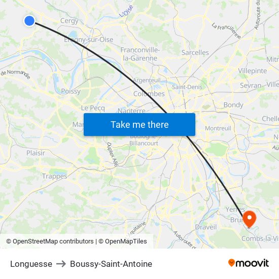 Longuesse to Boussy-Saint-Antoine map