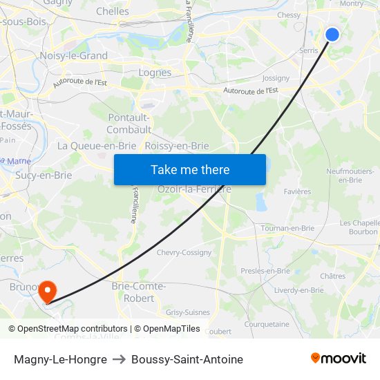 Magny-Le-Hongre to Boussy-Saint-Antoine map