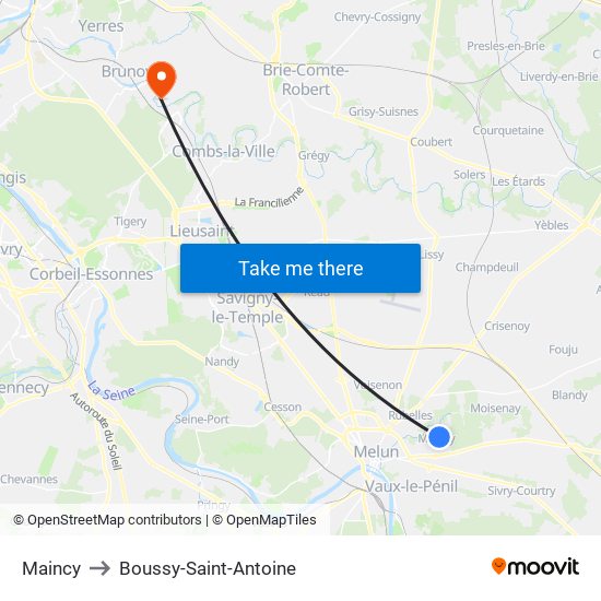 Maincy to Boussy-Saint-Antoine map