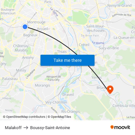 Malakoff to Boussy-Saint-Antoine map