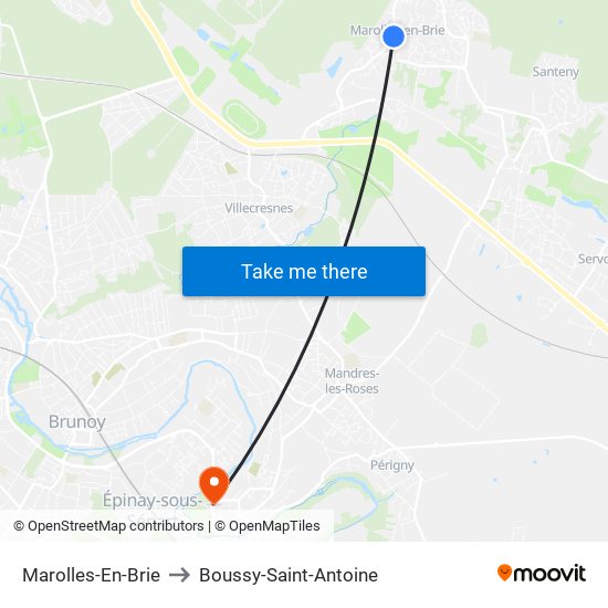 Marolles-En-Brie to Boussy-Saint-Antoine map