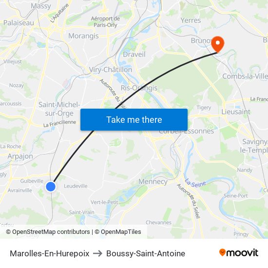 Marolles-En-Hurepoix to Boussy-Saint-Antoine map