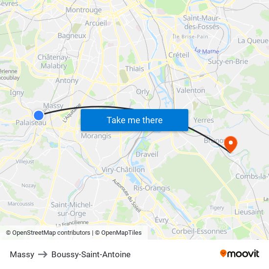 Massy to Boussy-Saint-Antoine map