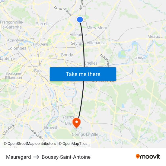 Mauregard to Boussy-Saint-Antoine map