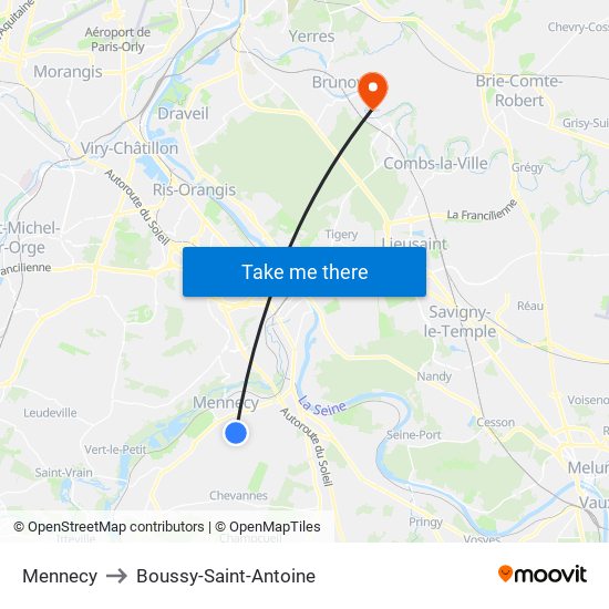 Mennecy to Boussy-Saint-Antoine map