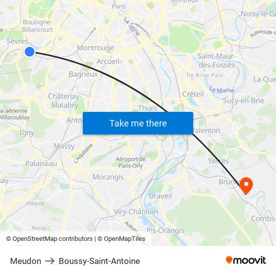 Meudon to Boussy-Saint-Antoine map