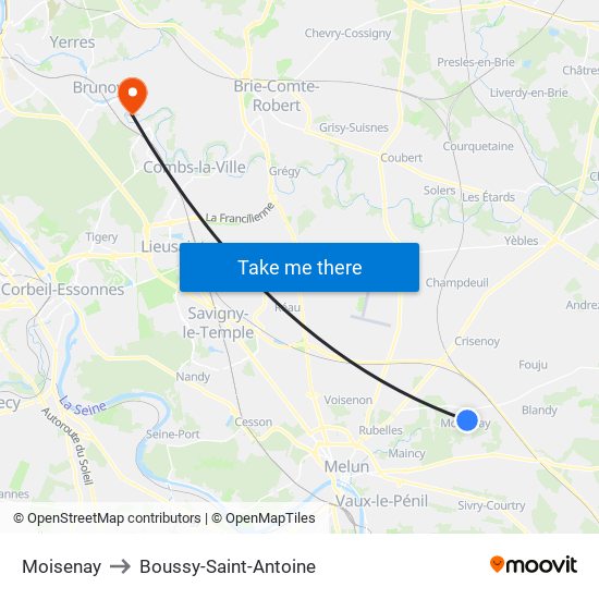 Moisenay to Boussy-Saint-Antoine map