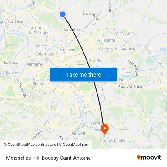 Moisselles to Boussy-Saint-Antoine map