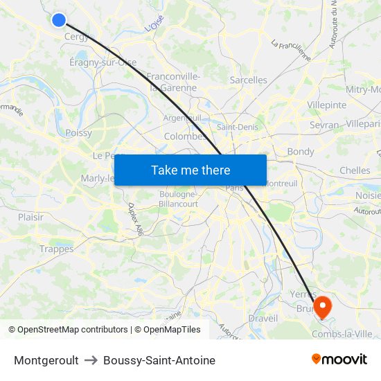 Montgeroult to Boussy-Saint-Antoine map