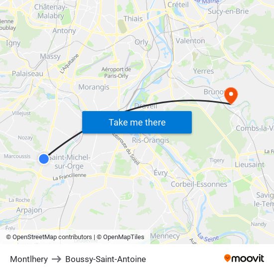 Montlhery to Boussy-Saint-Antoine map