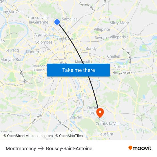 Montmorency to Boussy-Saint-Antoine map