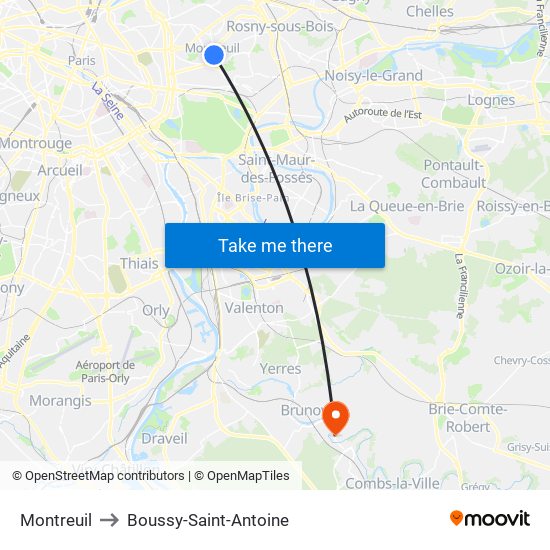 Montreuil to Boussy-Saint-Antoine map