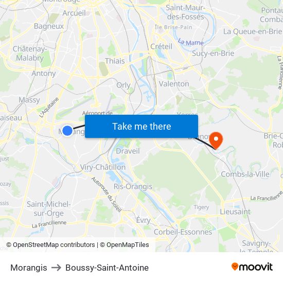 Morangis to Boussy-Saint-Antoine map