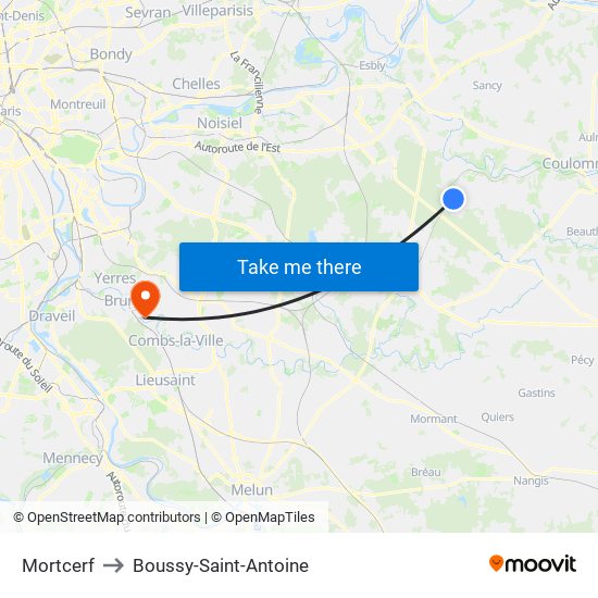 Mortcerf to Boussy-Saint-Antoine map