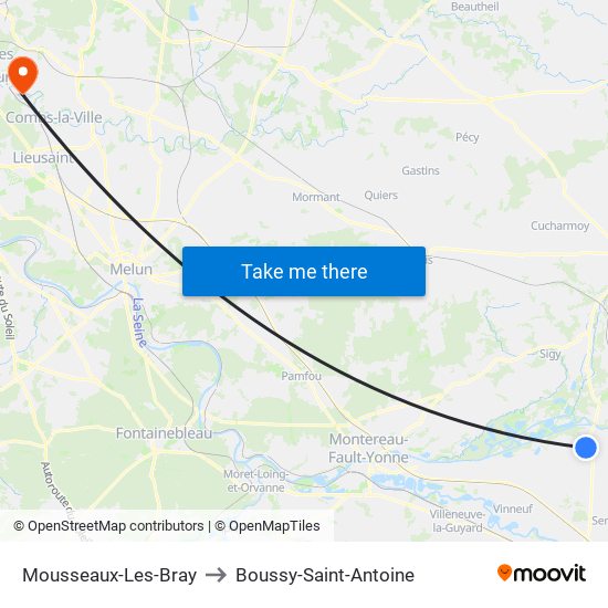 Mousseaux-Les-Bray to Boussy-Saint-Antoine map