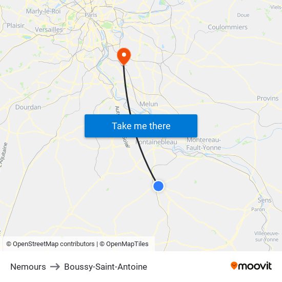 Nemours to Boussy-Saint-Antoine map