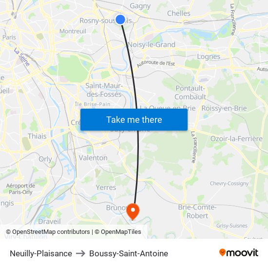 Neuilly-Plaisance to Boussy-Saint-Antoine map