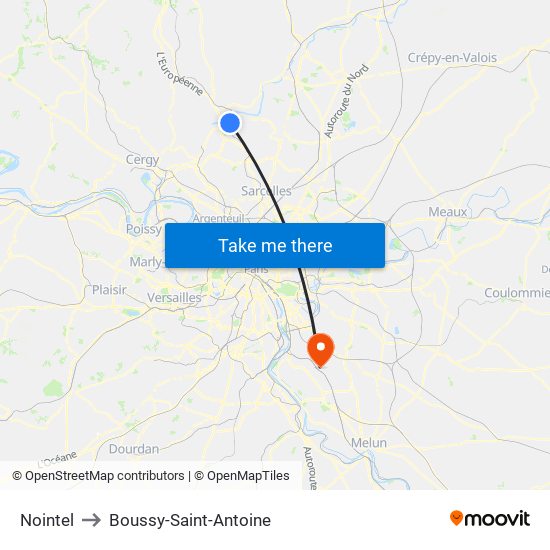 Nointel to Boussy-Saint-Antoine map