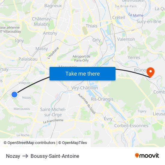 Nozay to Boussy-Saint-Antoine map