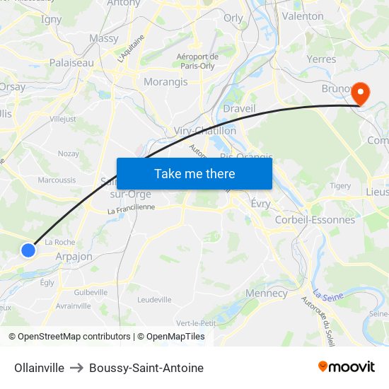 Ollainville to Boussy-Saint-Antoine map