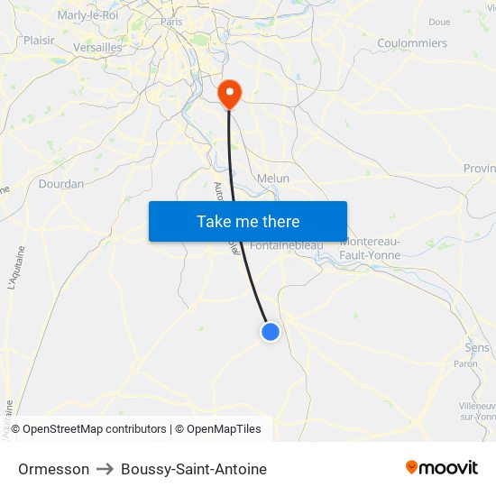 Ormesson to Boussy-Saint-Antoine map