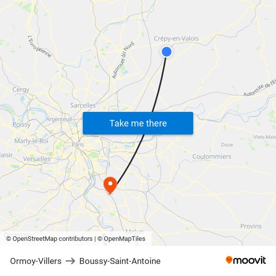 Ormoy-Villers to Boussy-Saint-Antoine map