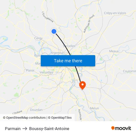 Parmain to Boussy-Saint-Antoine map