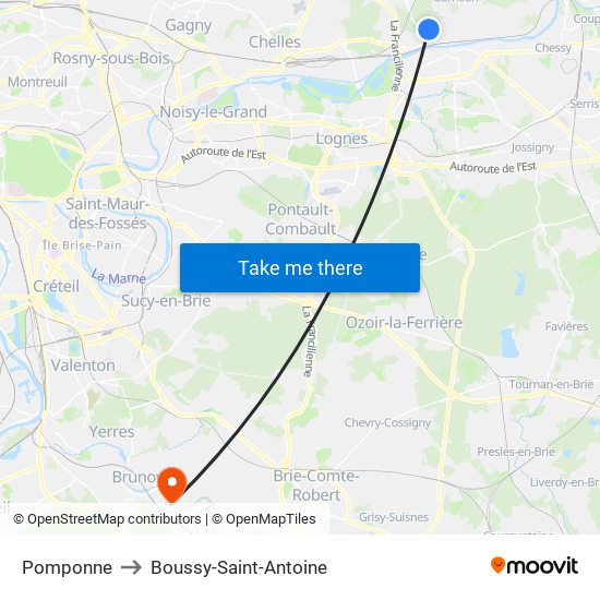 Pomponne to Boussy-Saint-Antoine map