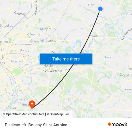 Puisieux to Boussy-Saint-Antoine map