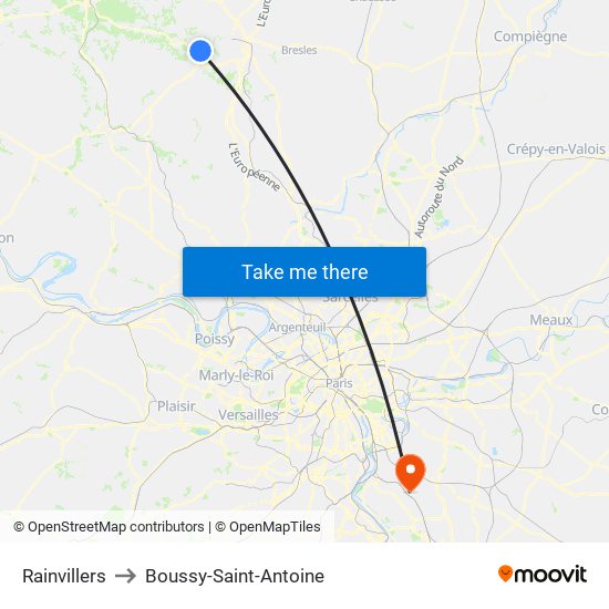 Rainvillers to Boussy-Saint-Antoine map