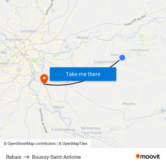 Rebais to Boussy-Saint-Antoine map