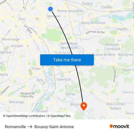 Romainville to Boussy-Saint-Antoine map