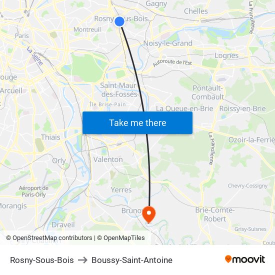 Rosny-Sous-Bois to Boussy-Saint-Antoine map
